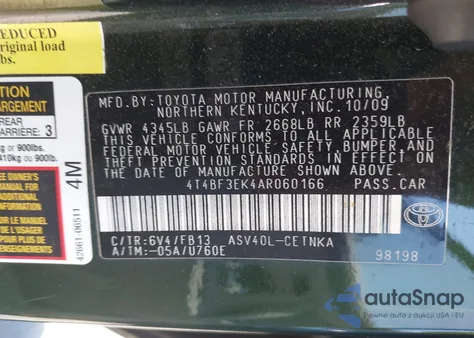 2010 Toyota Camry Le z USA, uszkodzony, nr VIN 4T4BF3EK4AR060166